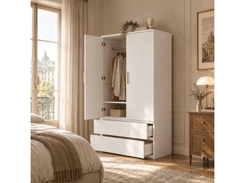 Armoire modenvie 70 x 50 x 170 cm avec panneau perforé latéral, 2 tiroirs et espaces de rangement dissimulés, blanche - Conforama E