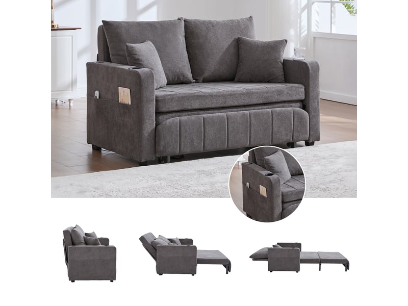  Canapé-lit 2 places convertible en tissu chenille, 4 coussins inclus, poches latérales, porte-gobelets, mousse haute densité, gris  - Conforama D