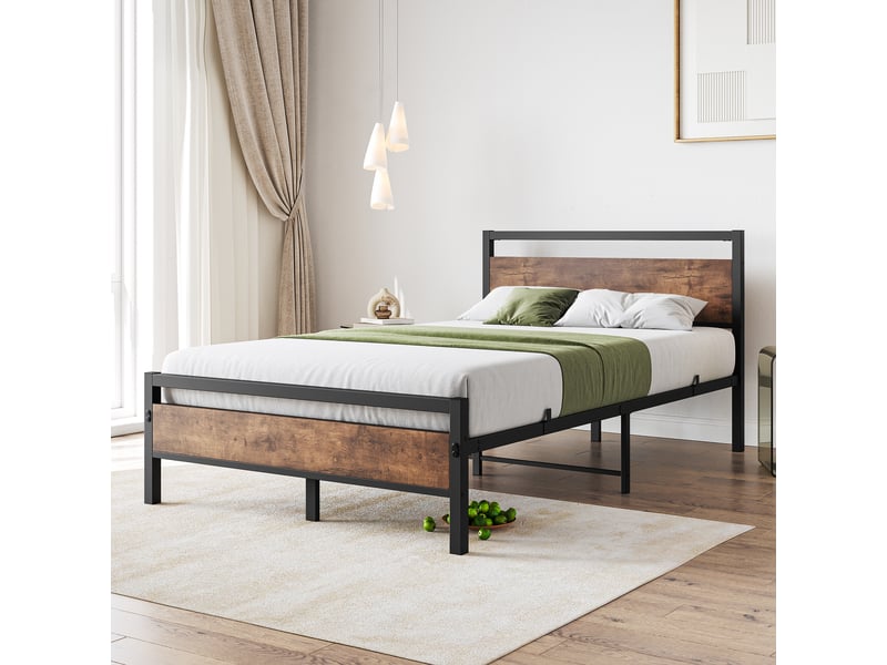  Lit double 140×200 cm avec rangement - okmyhome- tête et pied de lit, mdf et métal, sans matelas, brun antique  - Conforama B