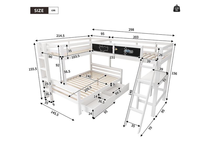 Lit superposé enfant 3 places 140×200 cm et 90×200 cm, tiroirs et bureau - sans matelas blanc et chêne - Conforama D