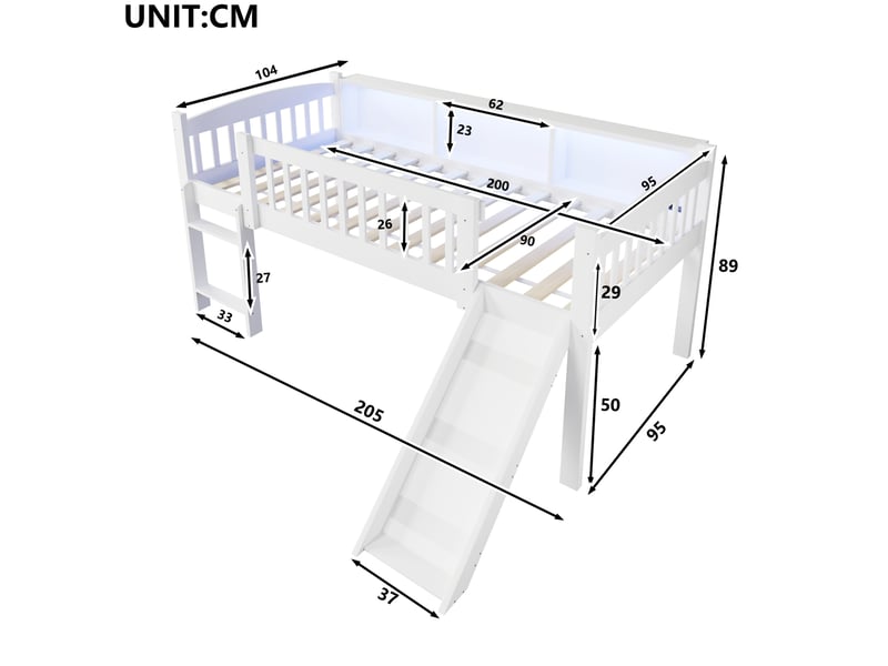  Lit enfant surélevé avec toboggan, rangements, led et usb 90x200 cm blanc  - Conforama C
