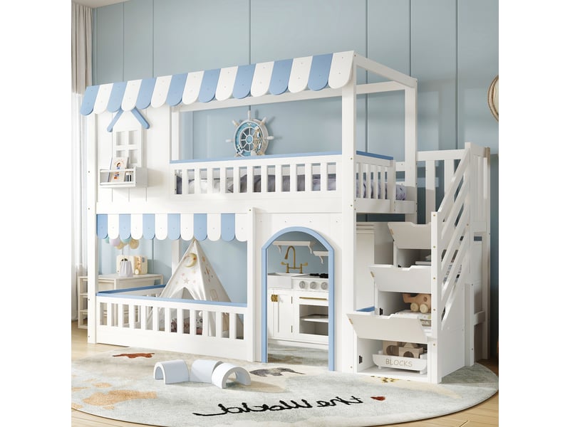 Lit mezzanine enfant 1 place 90×200 cm, escalier de rangement et barrières - sans matelas, bois blanc et bleu - Conforama C
