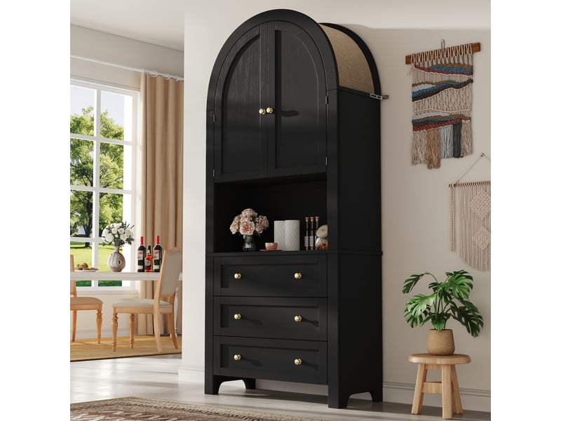  Meuble de cuisine muvano noir, buffet haut à sommet arrondi, 3 tiroirs, 70 × 35 × 180 cm  - Conforama B