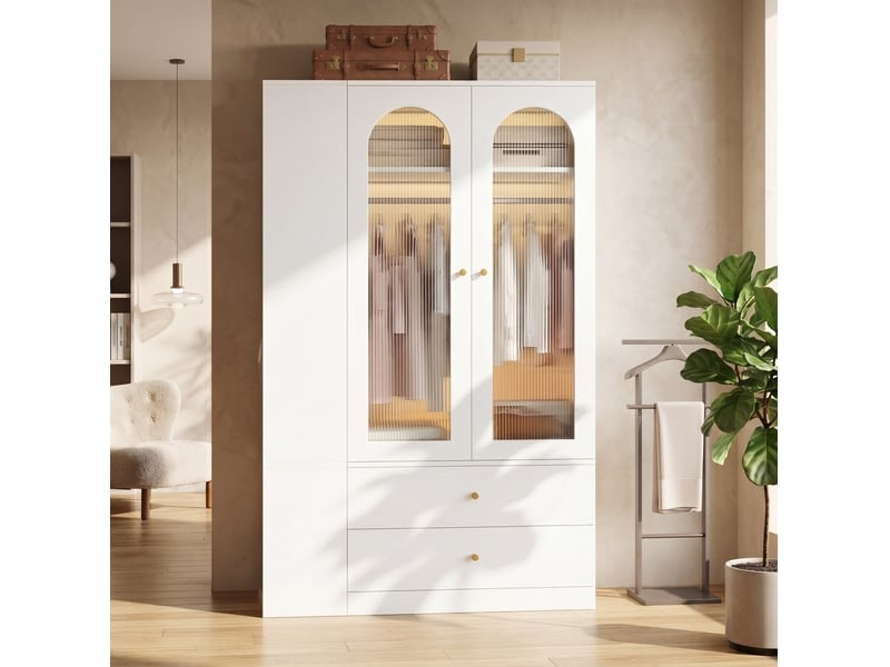 Armoire 120 x 50 x 200 cm, 2 portes vitrées, 2 tringles à vêtements, 4 tiroirs, espace de rangement, blanc Bliss Lite - Conforama B