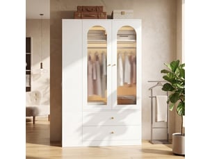 Armoire 120 x 50 x 200 cm, 2 portes vitrées, 2 tringles à vêtements, 4 tiroirs, espace de rangement, blanc