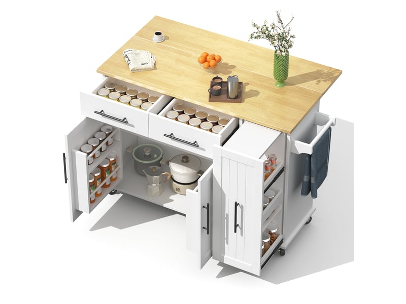  Îlot de cuisine mobile 120 cm avec plateau rabattable, 2 tiroirs, blanc naturel  - Conforama A