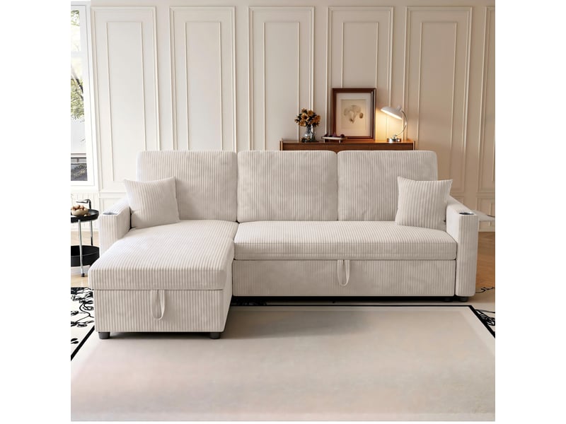 Canapé d’angle (à gauche) convertible 3 places 207,5 x 142 x 84,5 cm, avec rangement, assise spacieuse et méridienne, velours côtelé, beige OMNIGLINT TRADING LTD - Conforama C