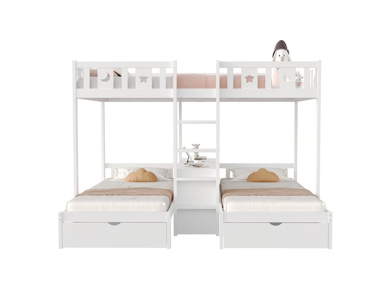  Lit superposé 3 places 90-140 x 200 cm avec 2 tiroirs led et rangements intégrés, structure bois, blanc BUYDEEMEUS - Conforama D