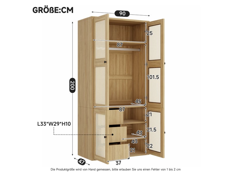  Armoire modenvie en mdf et rotin 90 x 47 x 200 cm, 3 tiroirs, 4 compartiments, tringle, décor chêne  - Conforama C