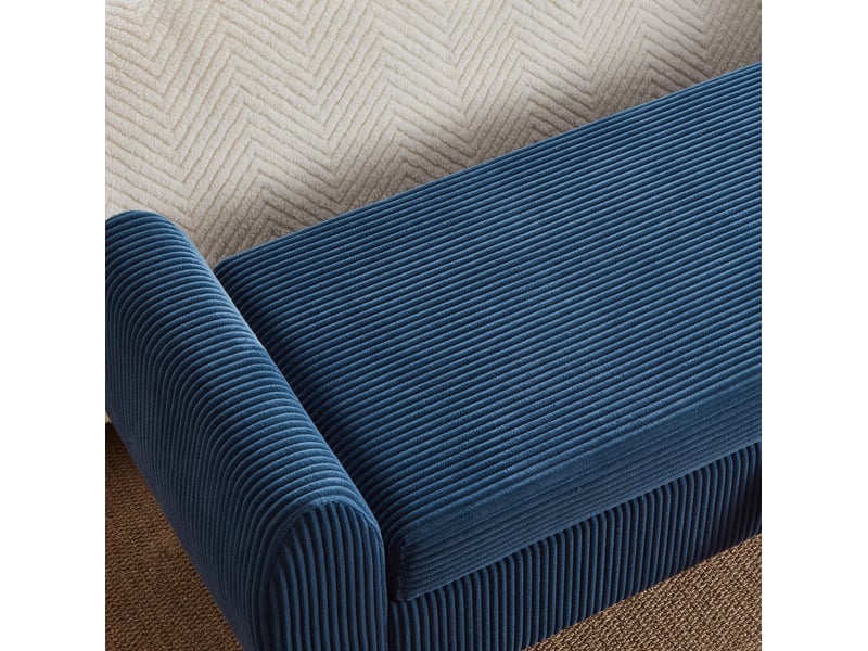  Banquette de rangement 145 x 51 x 57 cm bleu en velours côtelé, coffre à couvercle et pieds en bois  - Conforama E