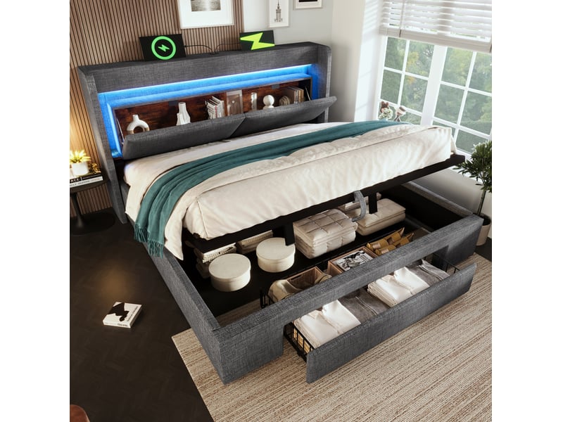  Lit coffre 160 x 200 cm gris en lin avec matelas, led, usb et usb-c  - Conforama B