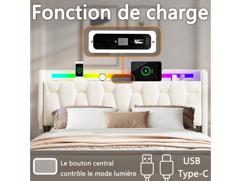  Lit 140x200 cm beige avec rangement, led, 4 tiroirs, ports usb+type-c sans matelas EBD855F-BG - Conforama R
