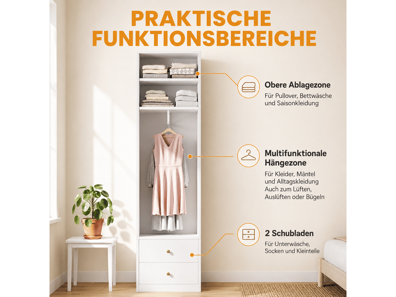  Armoire ouverte,50x30x200 cm,avec 2 tiroirs,mdf et acier,blanche  - Conforama E