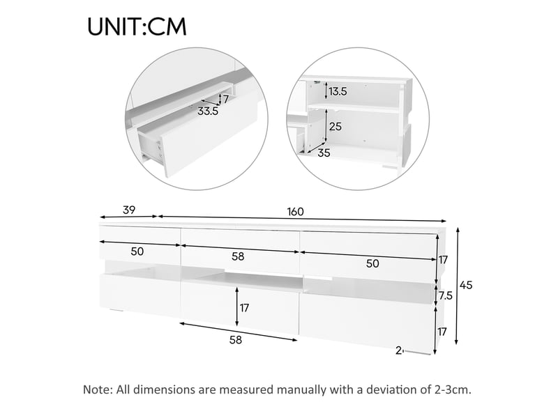  Meuble tv blanc brillant 160 x 39 x 45 cm avec led, 2 portes et 1 tiroir  - Conforama E