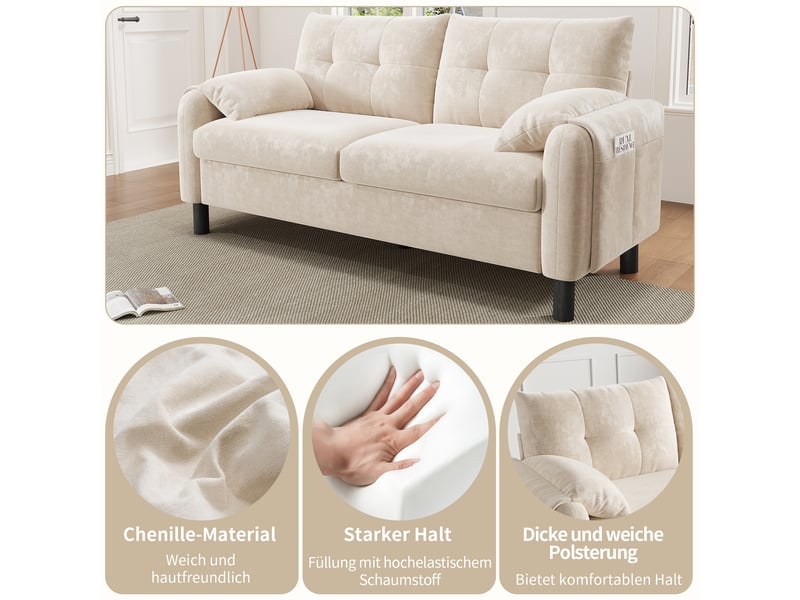 Canapé 2 places, 158x80x88.5 cm, avec coussins et poches, chenille, beige - Conforama E