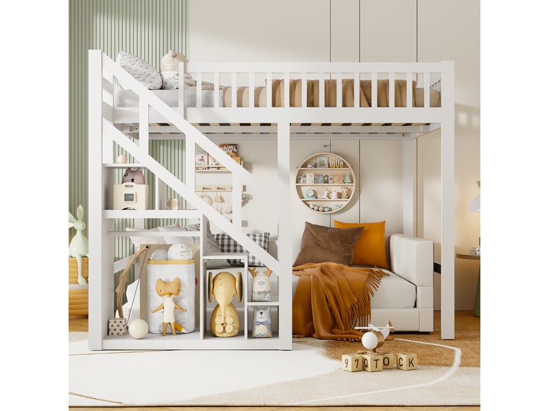 Lit mezzanine 90 x 200 cm, multifonctionnel lit mezzanine enfant avec escaliers et rangement, blanc - Conforama C