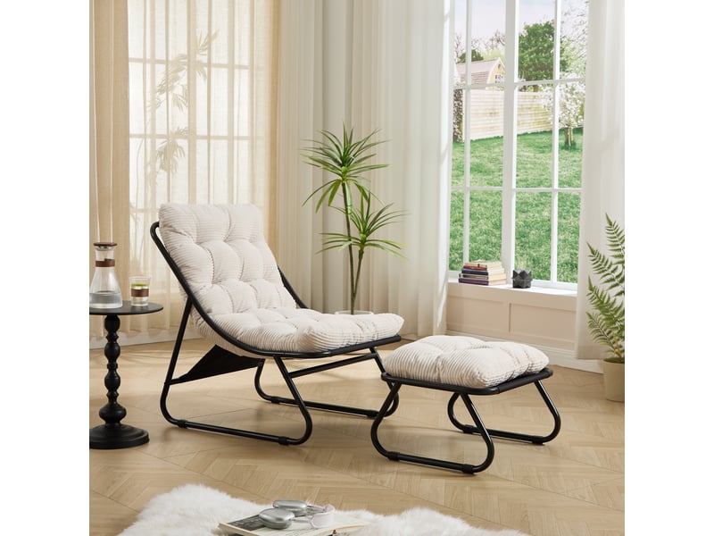 Fauteuil lounge noir avec repose-pieds et coussin blanc épais confortable - Conforama E