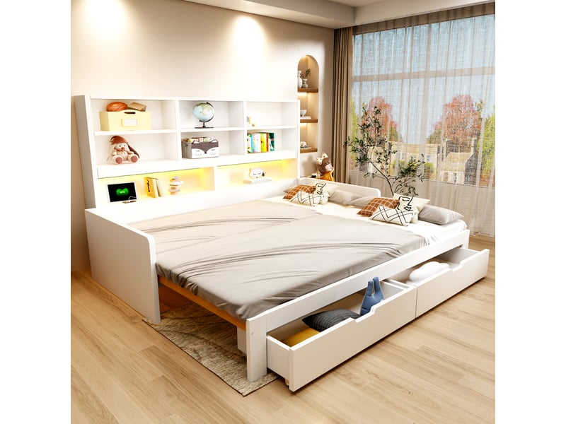 Lit banquette simple 90×200 cm extensible en 180×200 cm, led et prises - okmyhome- 2 tiroirs, sans matelas, blanc - Conforama C