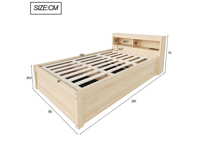  Lit coffre 90x200 cm avec rangement prise euro led multicolore mécanisme hydraulique bois massif couleur bois  - Conforama C