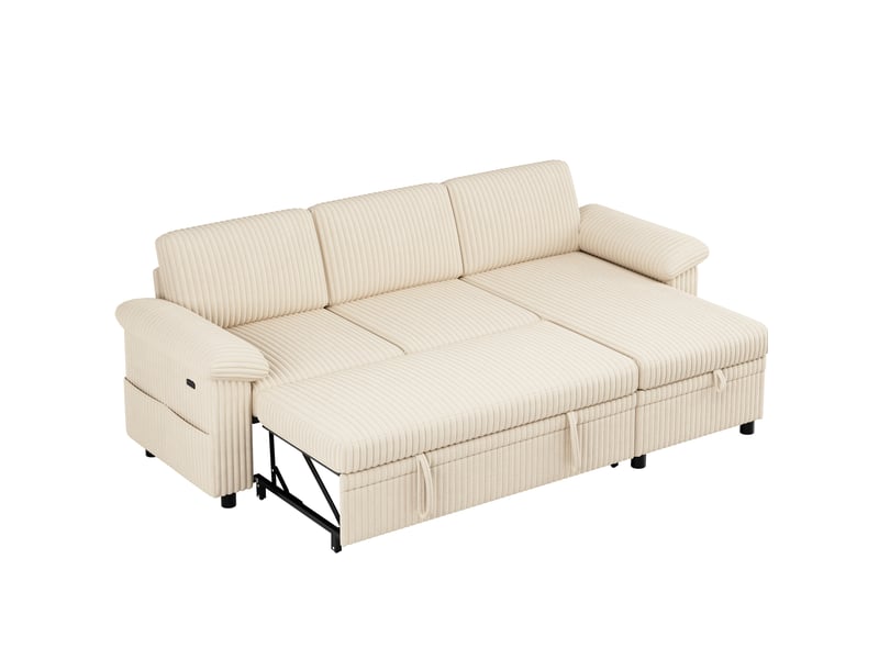  Canapé d’angle 214x138.5x89 cm convertible, velours côtelé beige  - Conforama A