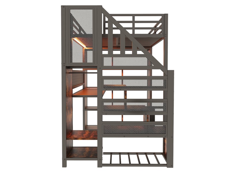 Lit mezzanine 90x200 cm avec escalier rangement, bureau, led, prise eu, lit simple métal noir, sans matelas  - Conforama R