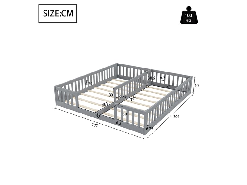  Lit enfant 2 couchages au sol 90 x 200 cm avec barrières et sommiers à lattes, pin et mdf, gris, sans matelas  - Conforama E