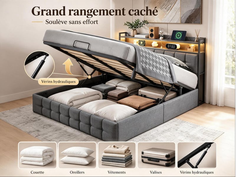  Lit coffre 160x200 cm ezssw, coloris gris  - Conforama D