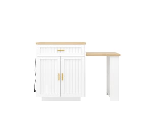 Îlot de cuisine extensible 121,5x70x92 cm jusqu’à 192 cm avec prise intégrée, 1 tiroir et portes rainurées, mdf et métal, blanc