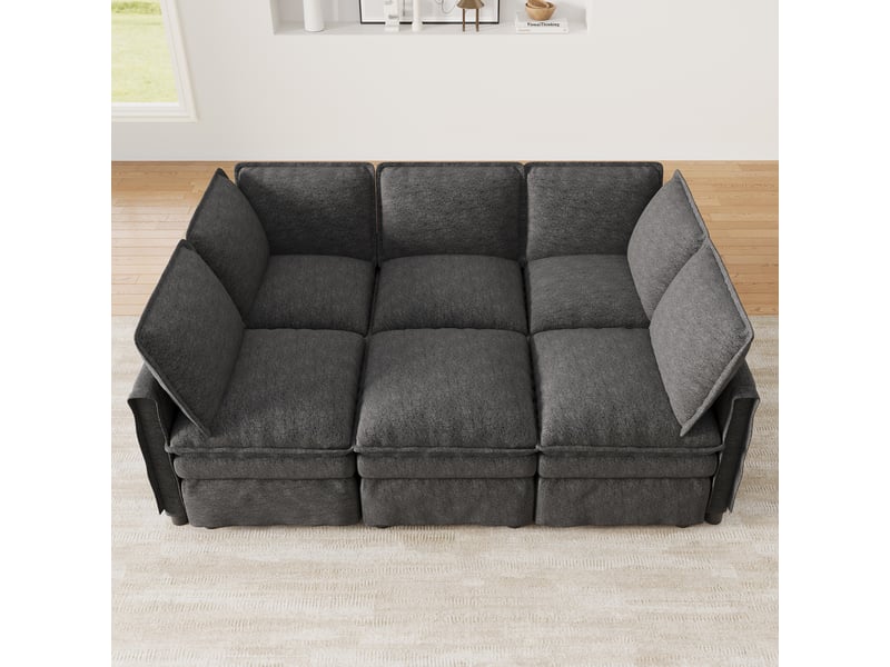  Canapé modulable xxl 6 places convertible avec fonction couchage, configuration u ou l, pouf mobile, double coussin d’assise, tissu chenille avec volant décoratif - gris  - Conforama B