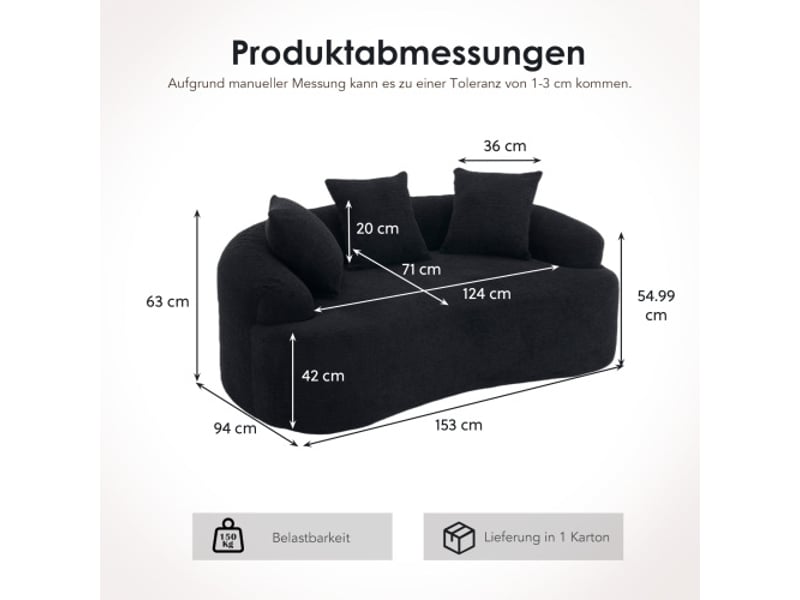  Canapé compressé 2 places, assise profonde, style contemporain, chenille, noir, coussins inclus  - Conforama C