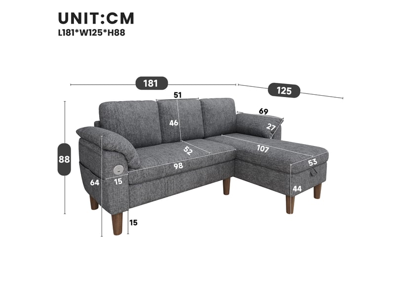 Canapé d'angle réversible 3 places avec coffre, ports usb et type-c, poches latérales en chenille gris clair - Conforama C