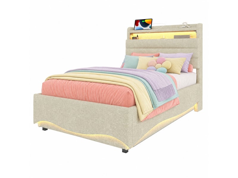  Lit coffre 90x200 cm en lin beige avec led, usb et port type-c, tête de lit avec rangement  - Conforama A