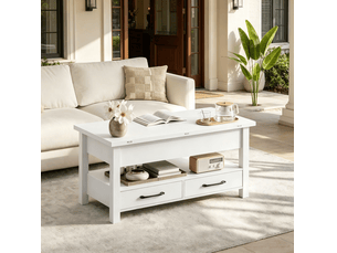 Table basse relevable extensible 100 x 50,5 cm – blanc – 2 tiroirs et rangement, repas ou bureau