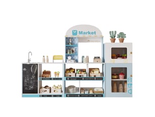 Marchande enfant bleue avec étagères, réfrigérateur, tableau noir et robinet, dès 3 ans, pour jouer au magasin