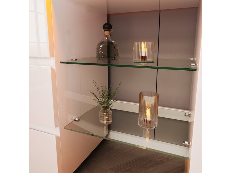  Buffet blanc brillant 155 × 40 × 80 cm, led, 6 tiroirs et 4 tablettes verre IKSETERA TRADING LTD - Conforama R
