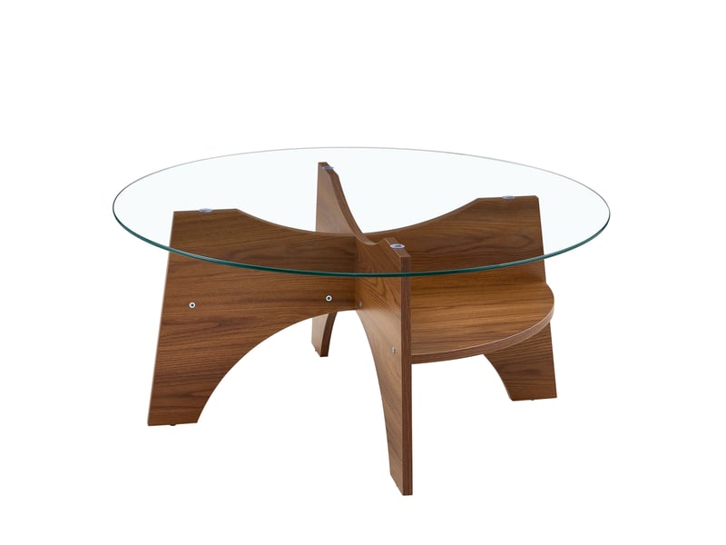  Table basse ronde ø 80 cm en verre de sécurité, piètement mdf aspect noyer  - Conforama A