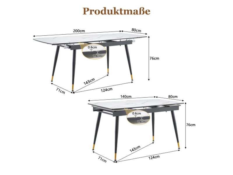  Table à manger extensible en céramique – piètement noir et pieds dorés – 140-200 cm – table seule  - Conforama C