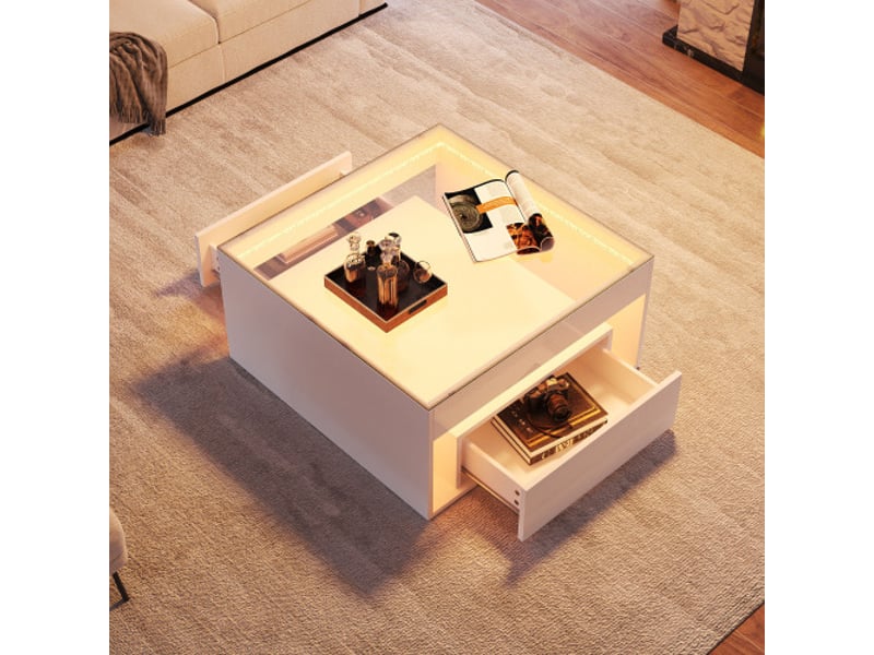  Table basse 70 x 70 cm blanc brillant, 2 tiroirs, design ajouré, plateau en verre trempé, led intégré  - Conforama E