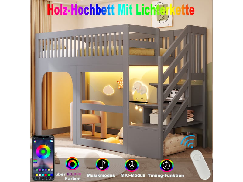Lit mezzanine 90x200 cm avec rangement intégré - lit enfant avec sommier à lattes et barrières de sécurité - bois gris - Conforama E