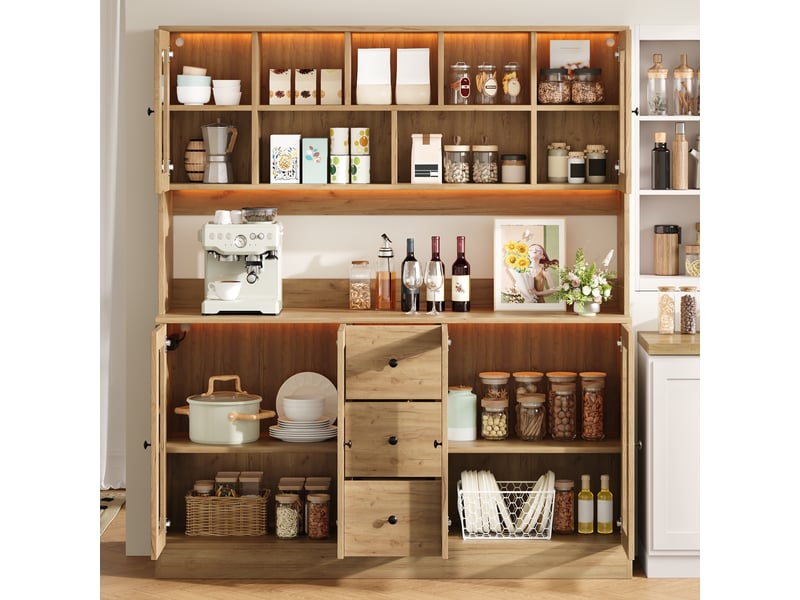  Meuble de cuisine muvano, buffet haut avec éclairage led et 6 portes en acrylique  - Conforama D
