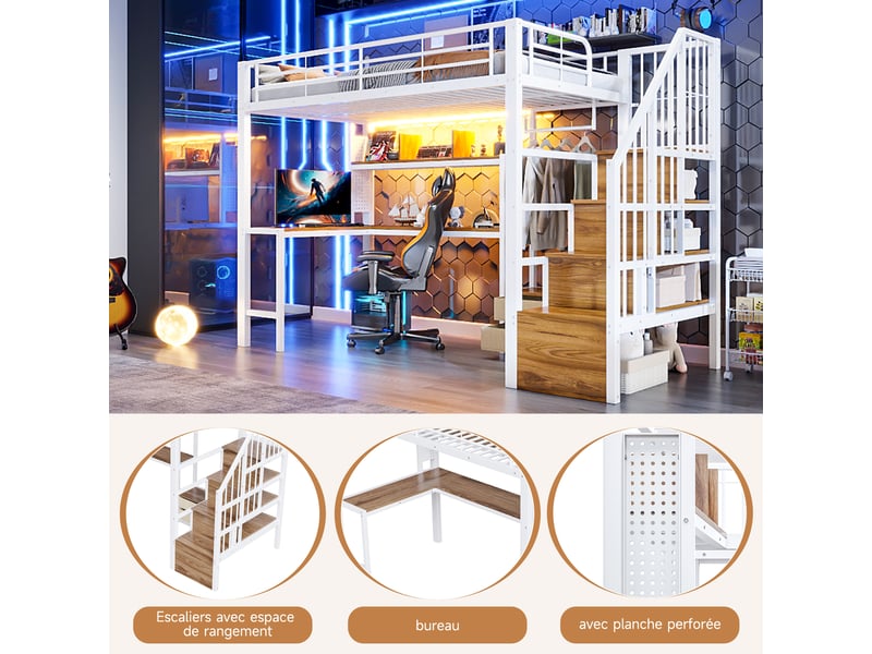  Lit mezzanine 90x200cm avec bande led,escalier avec rangement,fer lit superposé simple avec 2 tiroirs et grille,sans matelas,blanc CARDUME ESTIVAL - Conforama E