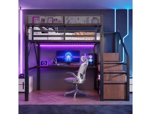 Lit mezzanine 140 × 200 cm avec bureau long, étagères modulables, led et échelle de sécurité, noir 255 × 145 × 191 cm