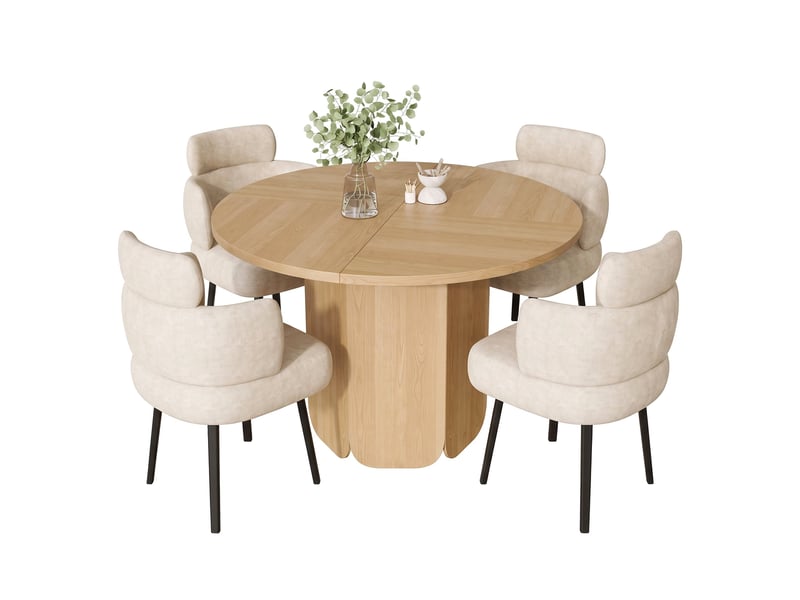  Ensemble table ronde 120 cm + 4 chaises pivotantes 360° avec accoudoirs, chenille blanc crème, coloris chêne, style scandinave, 4-6 personnes  - Conforama A