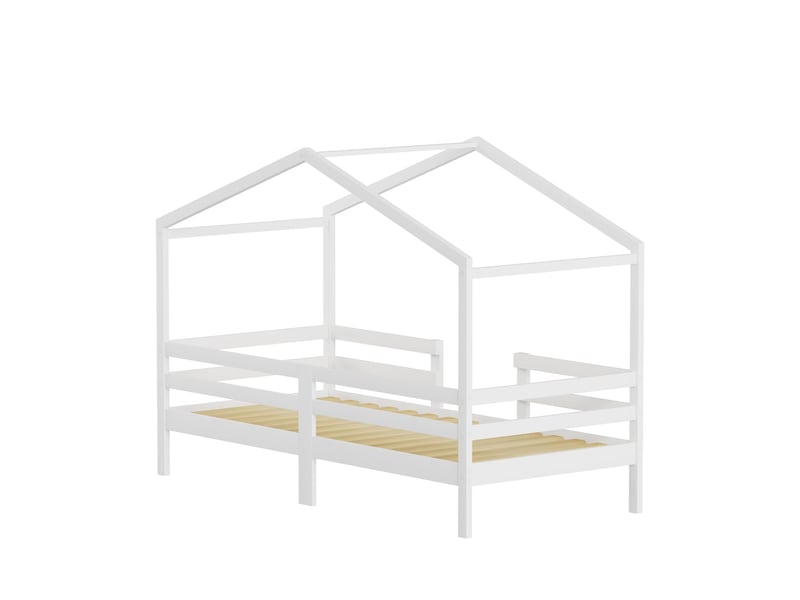  Lit fille 90 x 200 cm lit simple structure forme maison design toit maison bois massif de pin protection antichute sur trois côtés finition blanche couchage filles et garçons  - Conforama A