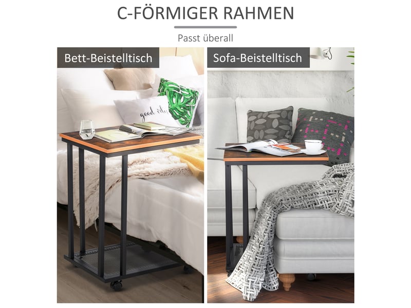 Table d'appoint en forme de c à roulettes mdf et acier noir et noyer 51 x 36 x 65 cm  - Conforama E