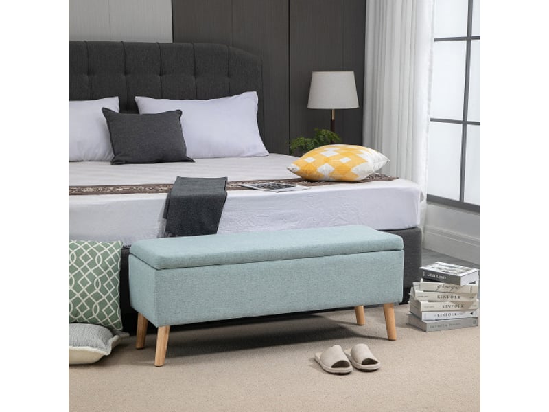  Banc coffre vert clair 110x39x45 cm, polyester aspect lin, bois d’hévéa, style scandinave  - Conforama B