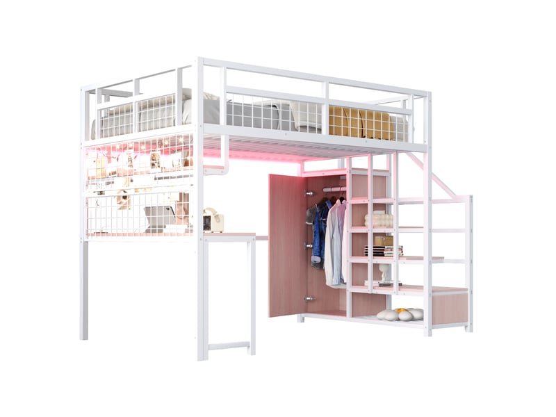  Lit mezzanine enfant 140x200 cm – blanc – bureau, escalier rangement, armoire, éclairage et prise - sans matelas  - Conforama A