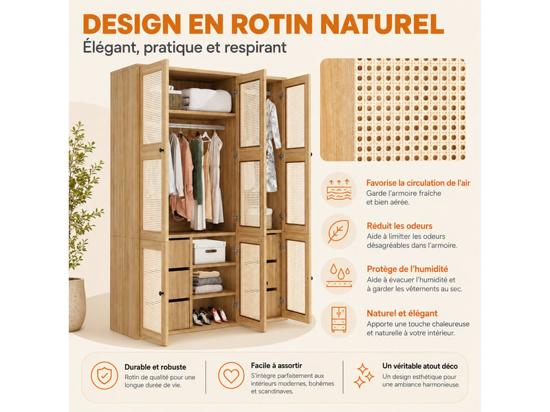 Armoire de chambre 135 x 47 x 200 cm, façade effet rotin, 6 tiroirs et 3 portes battante, 2 penderies, 4 étagères, chêne - Conforama E