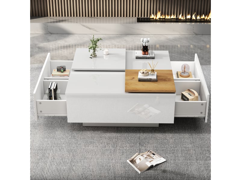  Table basse carrée avec 4 tiroirs et plateau coulissant, finition brillante, en panneau de particules, 75 × 75 × 35 cm, blanc - uvrion  - Conforama C