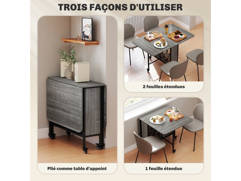  Table pliante de cuisine extensible salle à manger sur roulettes jusqu'à 6 personnes étagère intégrée, 6 roues, gris  - Conforama E